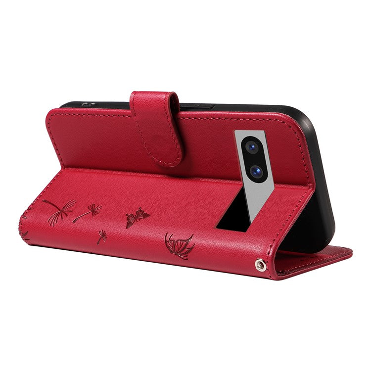 For Google Pixel 7a Leather Case Wallet Phone Cover Dandelion Imprint - Red
