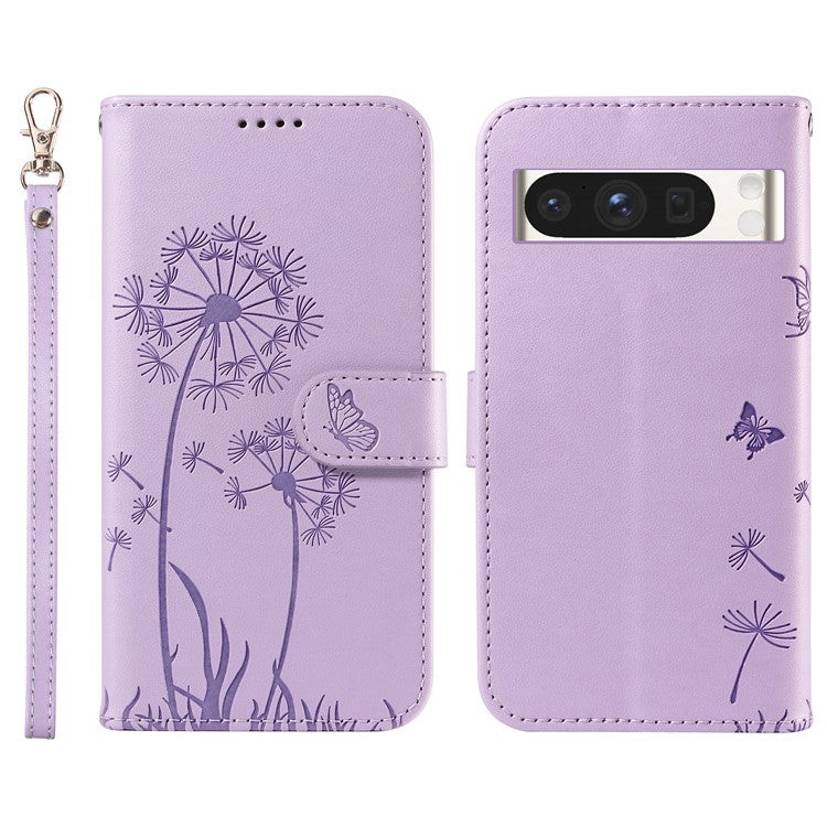 For Google Pixel 8 Pro Leather Case Wallet Phone Cover Dandelion Imprint - Purple