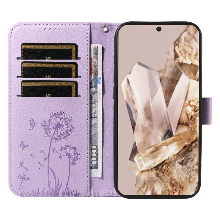 For Google Pixel 8 Pro Leather Case Wallet Phone Cover Dandelion Imprint - Purple