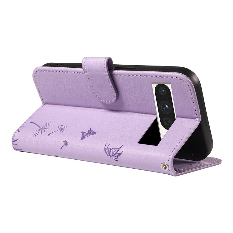 For Google Pixel 8 Pro Leather Case Wallet Phone Cover Dandelion Imprint - Purple