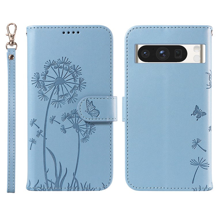 For Google Pixel 8 Pro Leather Case Wallet Phone Cover Dandelion Imprint - Sky Blue
