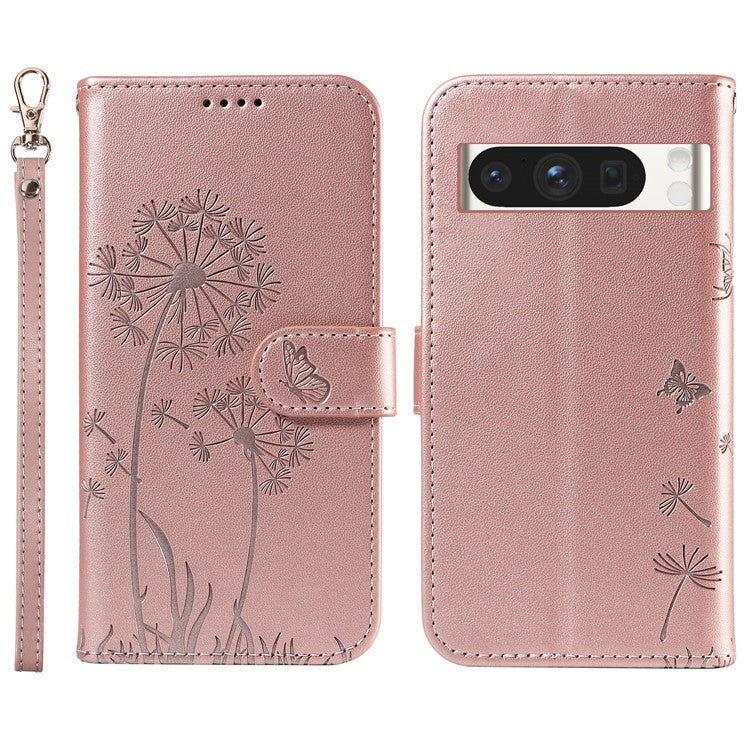 For Google Pixel 8 Pro Leather Case Wallet Phone Cover Dandelion Imprint - Rose Gold