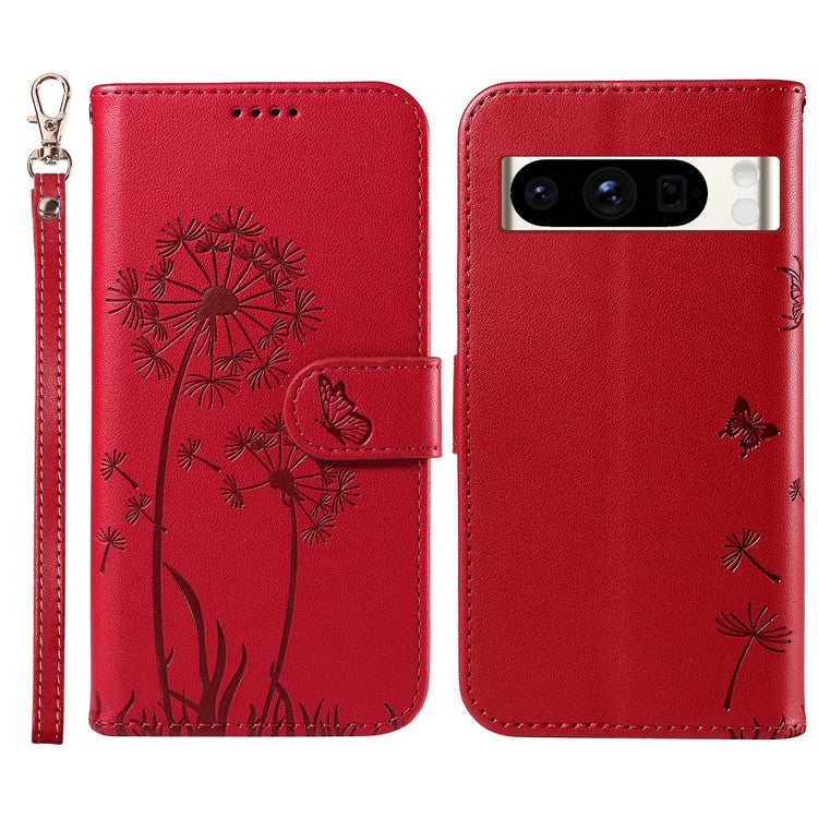 For Google Pixel 8 Pro Leather Case Wallet Phone Cover Dandelion Imprint - Red