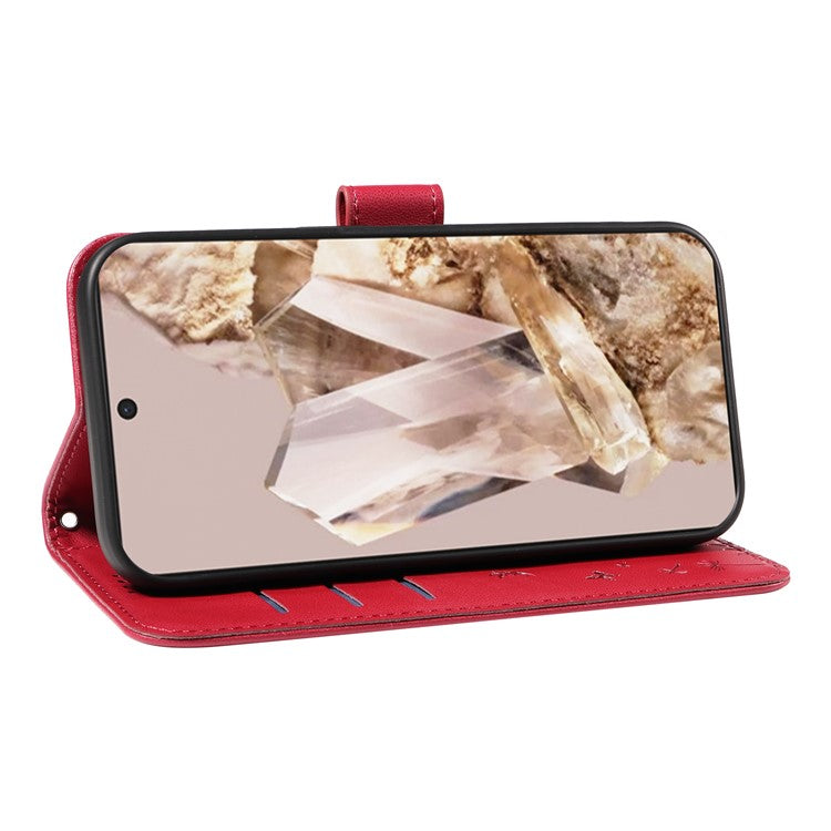 For Google Pixel 8 Pro Leather Case Wallet Phone Cover Dandelion Imprint - Red