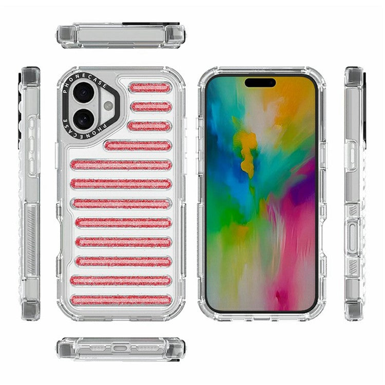 For iPhone 16 Plus Case Capsule Glitter PC + TPU Phone Protective Cover - Red
