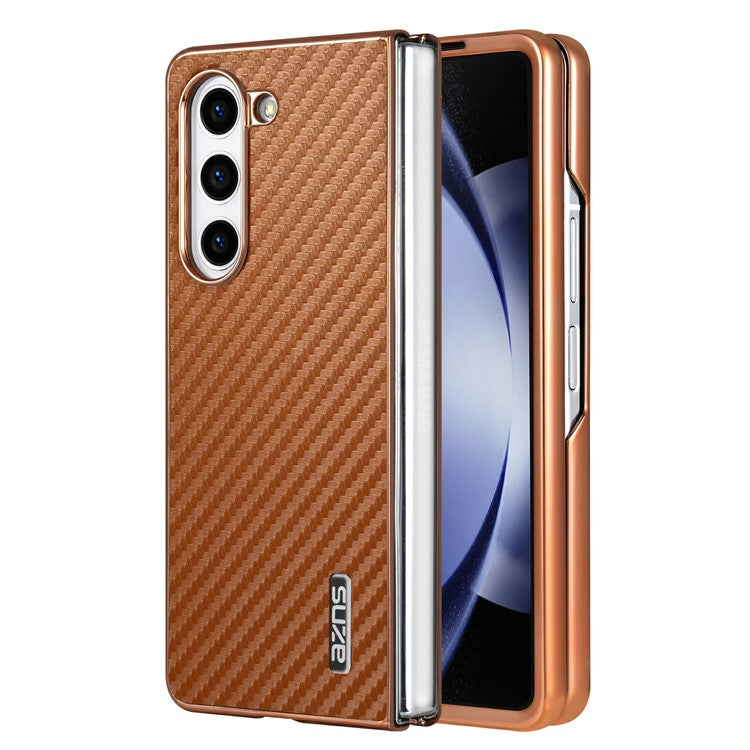 AZNS For Samsung Galaxy Z Fold6 5G Case Electroplating Carbon Fiber Texture PU+TPU Phone Cover - Brown