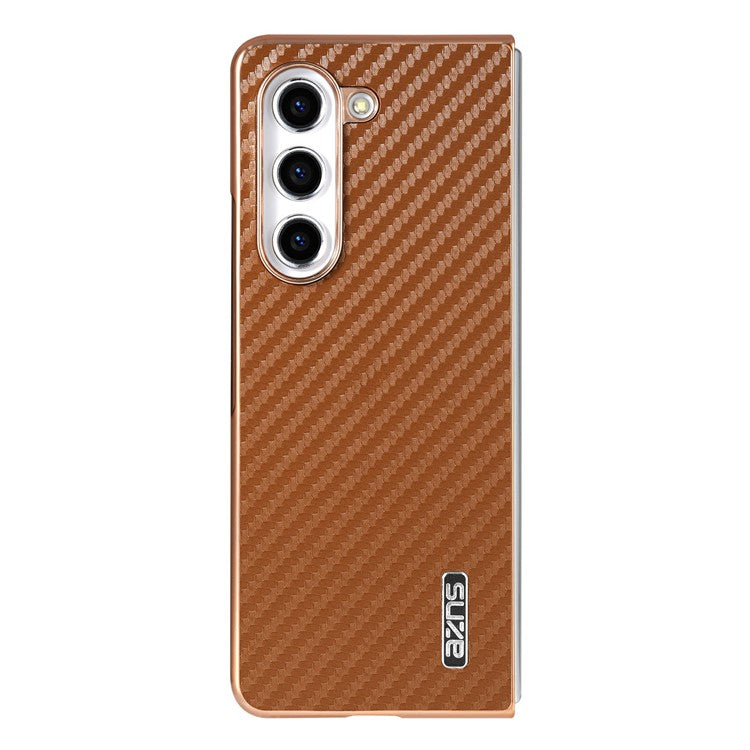 AZNS For Samsung Galaxy Z Fold6 5G Case Electroplating Carbon Fiber Texture PU+TPU Phone Cover - Brown