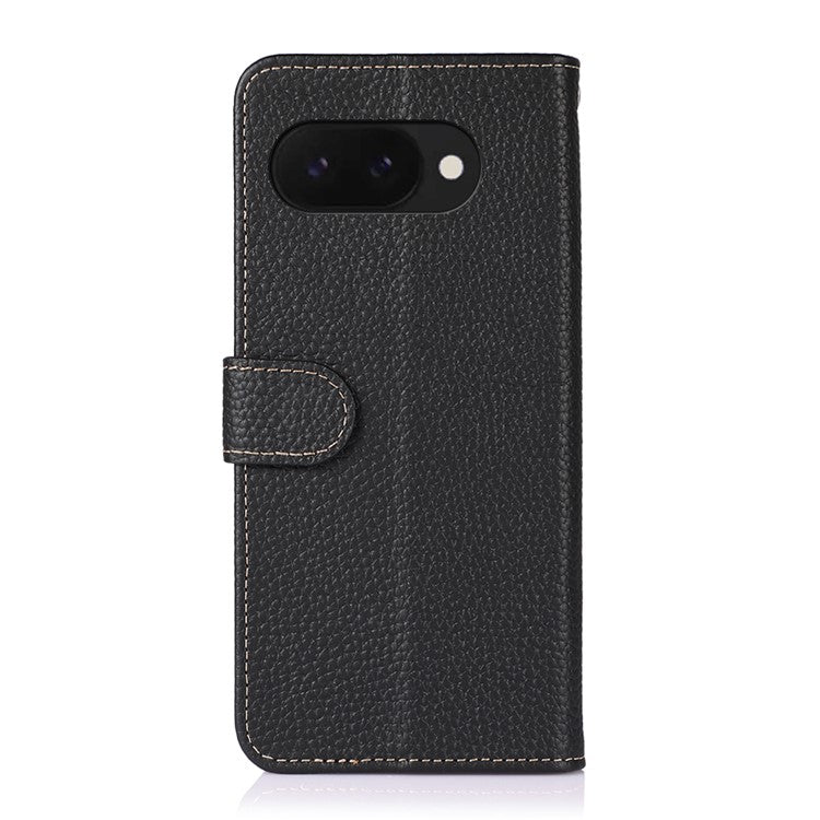 KHAZNEH For Google Pixel 9a Phone Case Genuine Cow Leather Flip Cover - Black