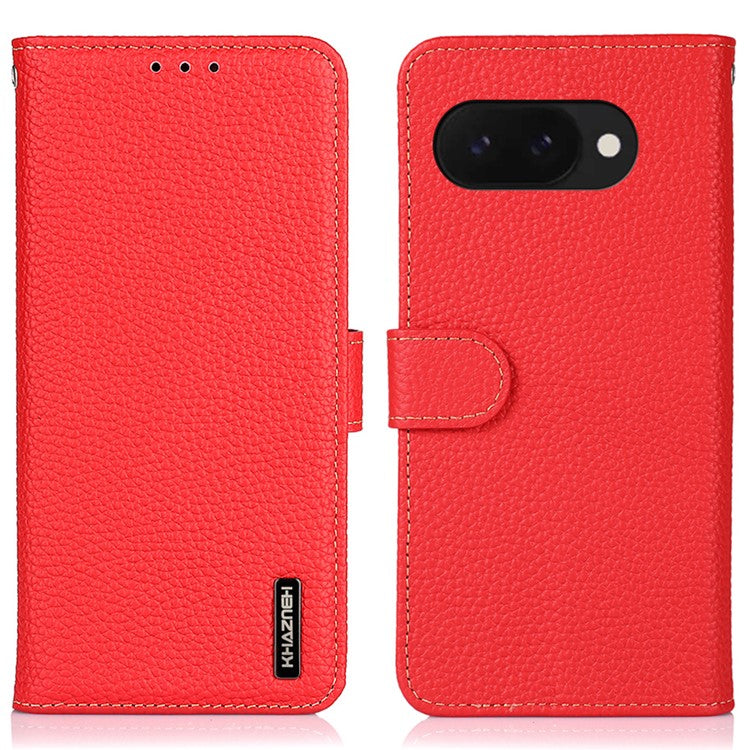 KHAZNEH For Google Pixel 9a Phone Case Genuine Cow Leather Flip Cover - Red