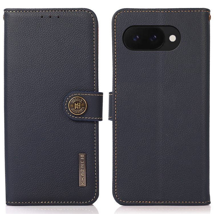 KHAZNEH For Google Pixel 9a Case Genuine Cow Leather Wallet Phone Cover - Blue