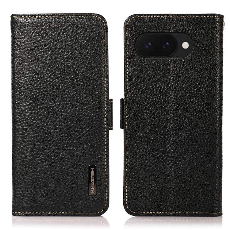 KHAZNEH For Google Pixel 9a Phone Case Genuine Cow Leather Cover RFID Blocking - Black
