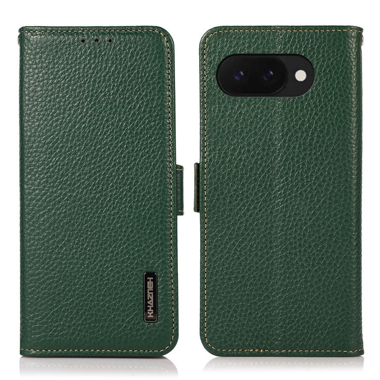 KHAZNEH For Google Pixel 9a Phone Case Genuine Cow Leather Cover RFID Blocking - Green