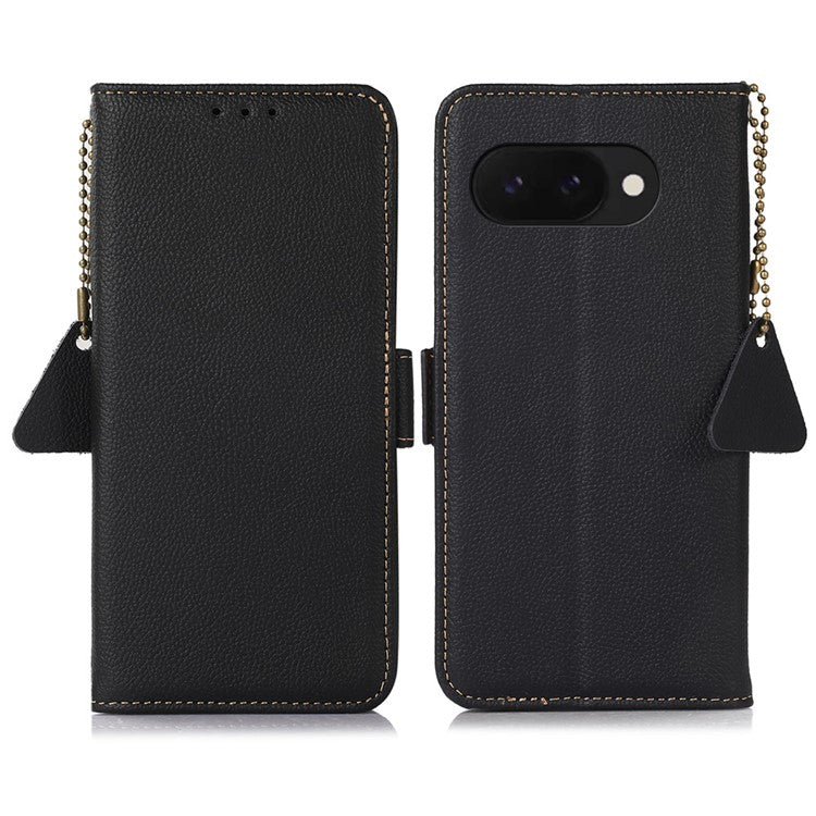 TJ For Google Pixel 9a Case RFID Blocking Genuine Cow Leather Phone Cover - Black