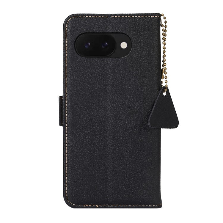 TJ For Google Pixel 9a Case RFID Blocking Genuine Cow Leather Phone Cover - Black