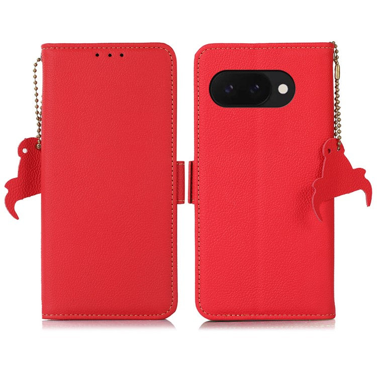 TJ For Google Pixel 9a Case RFID Blocking Genuine Cow Leather Phone Cover - Red