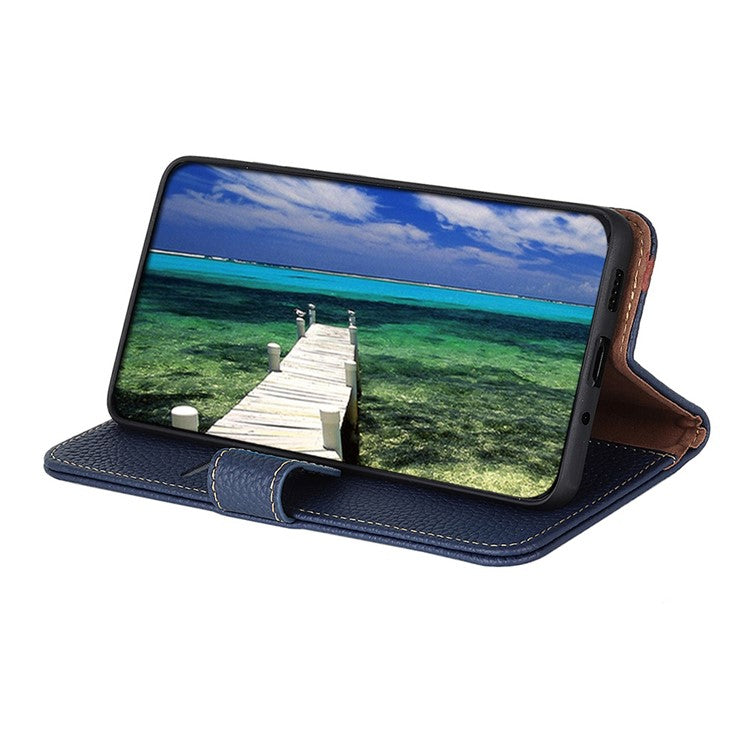 KHAZNEH For Motorola Moto G75 5G Phone Case Genuine Cow Leather Flip Cover - Blue