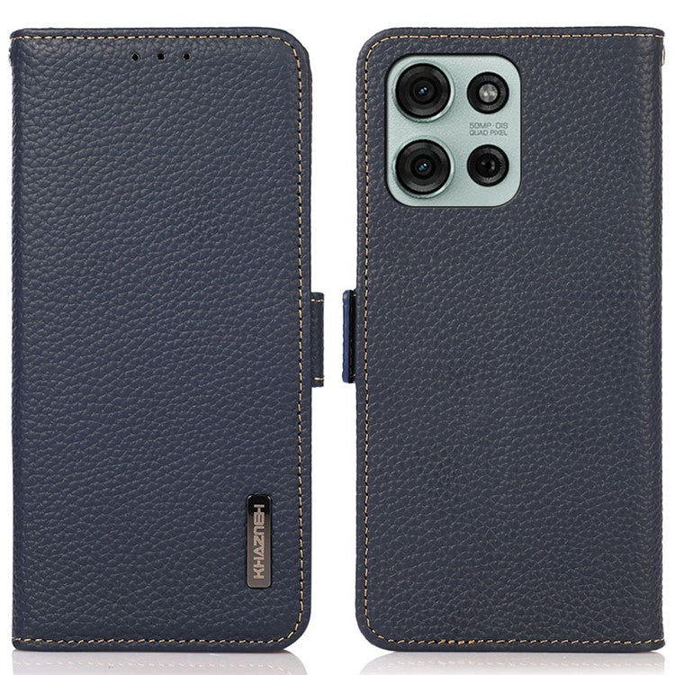 KHAZNEH For Motorola Moto G75 5G Phone Case Genuine Cow Leather Cover RFID Blocking - Blue