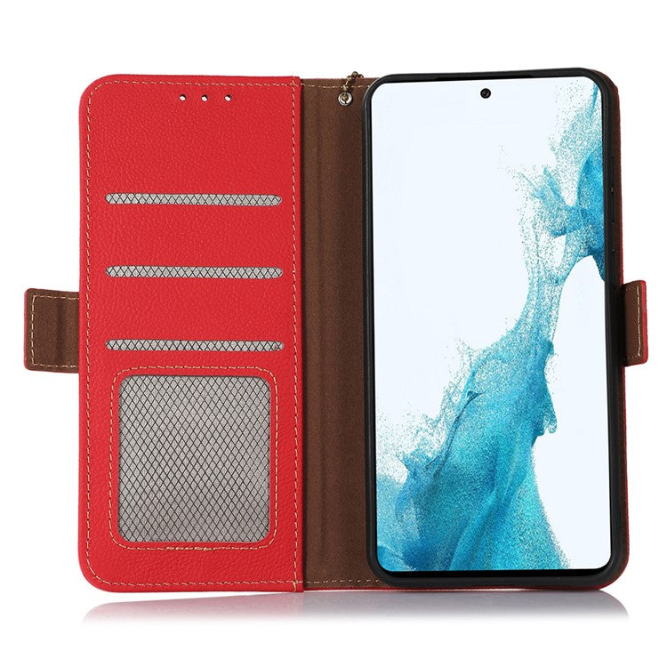 TJ For Motorola Moto G75 5G Case RFID Blocking Genuine Cow Leather Phone Cover - Red