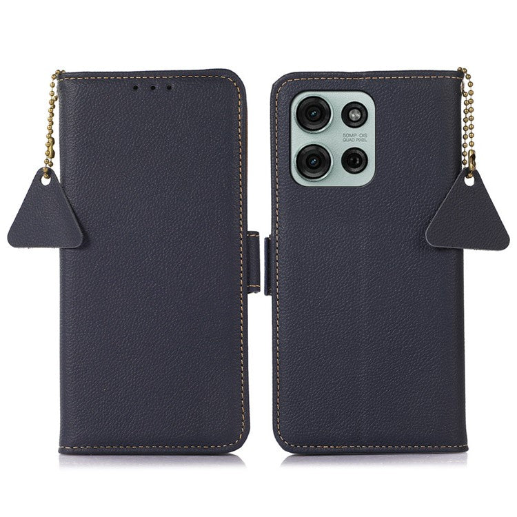 TJ For Motorola Moto G75 5G Case RFID Blocking Genuine Cow Leather Phone Cover - Blue