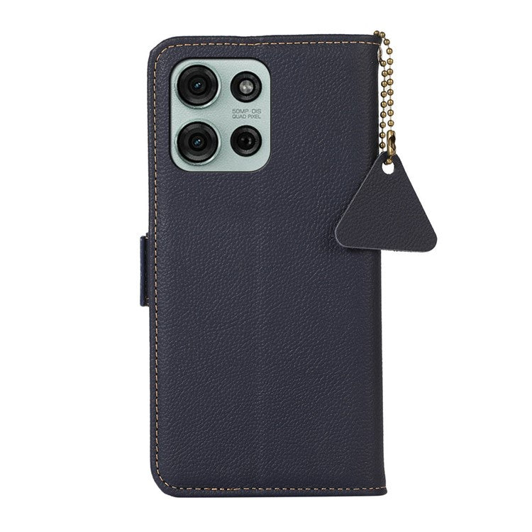 TJ For Motorola Moto G75 5G Case RFID Blocking Genuine Cow Leather Phone Cover - Blue