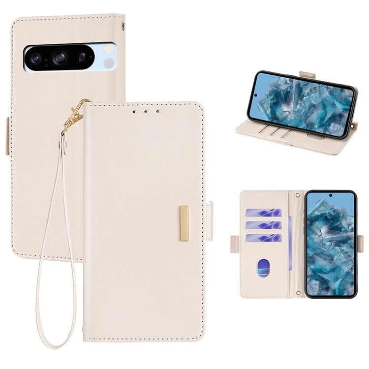 For Google Pixel 8 Pro Leather Wallet Case RFID Blocking Stand Cover with Hand Strap - White