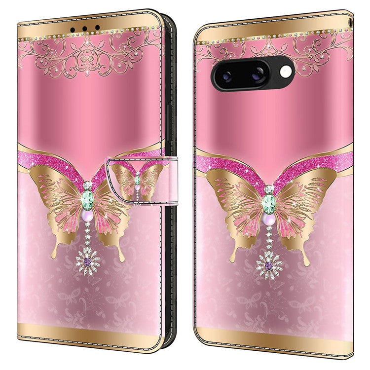 For Google Pixel 9a Case 3D Pattern PU Leather Wallet Phone Cover with Stand - Pink / Gold Butterfly