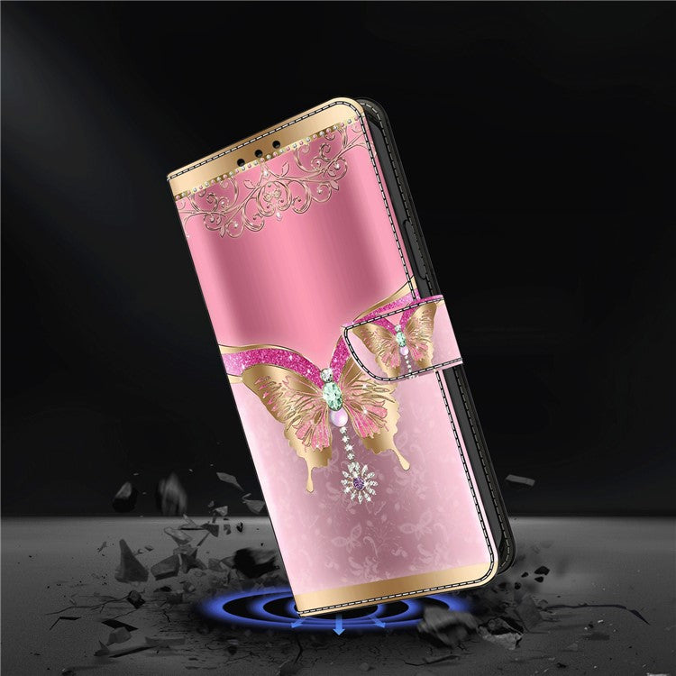 For Google Pixel 9a Case 3D Pattern PU Leather Wallet Phone Cover with Stand - Pink / Gold Butterfly