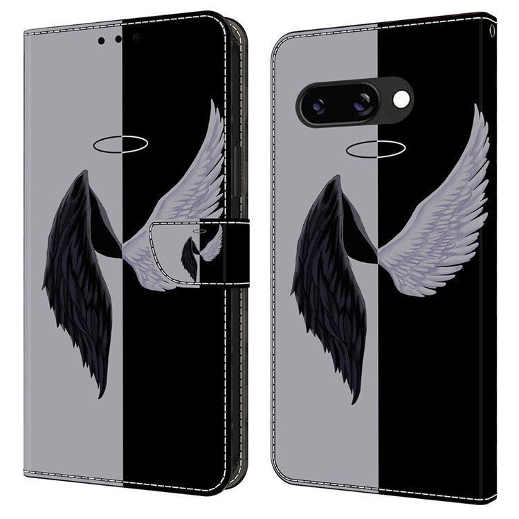 For Google Pixel 9a Case Magnetic Clasp 3D Pattern Leather Wallet Phone Cover - Black / White Wings