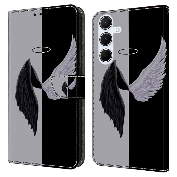 For Samsung Galaxy A16 5G / 4G Case Magnetic Clasp 3D Pattern Leather Wallet Phone Cover - Black / White Wings