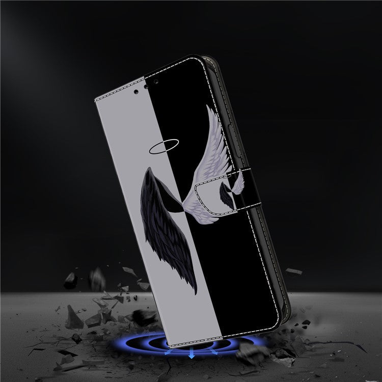 For Samsung Galaxy A16 5G / 4G Case Magnetic Clasp 3D Pattern Leather Wallet Phone Cover - Black / White Wings