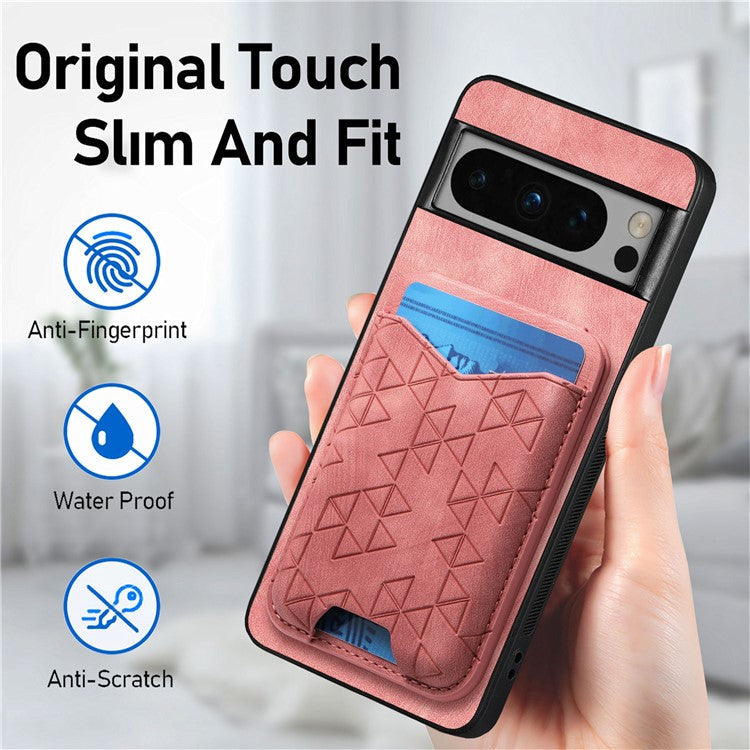 For Google Pixel 8 Pro Case Imprinted Pattern Card Holder Kickstand Leather Back Cover - Pink
