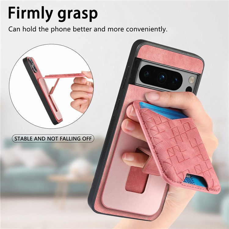 For Google Pixel 8 Pro Case Imprinted Pattern Card Holder Kickstand Leather Back Cover - Pink