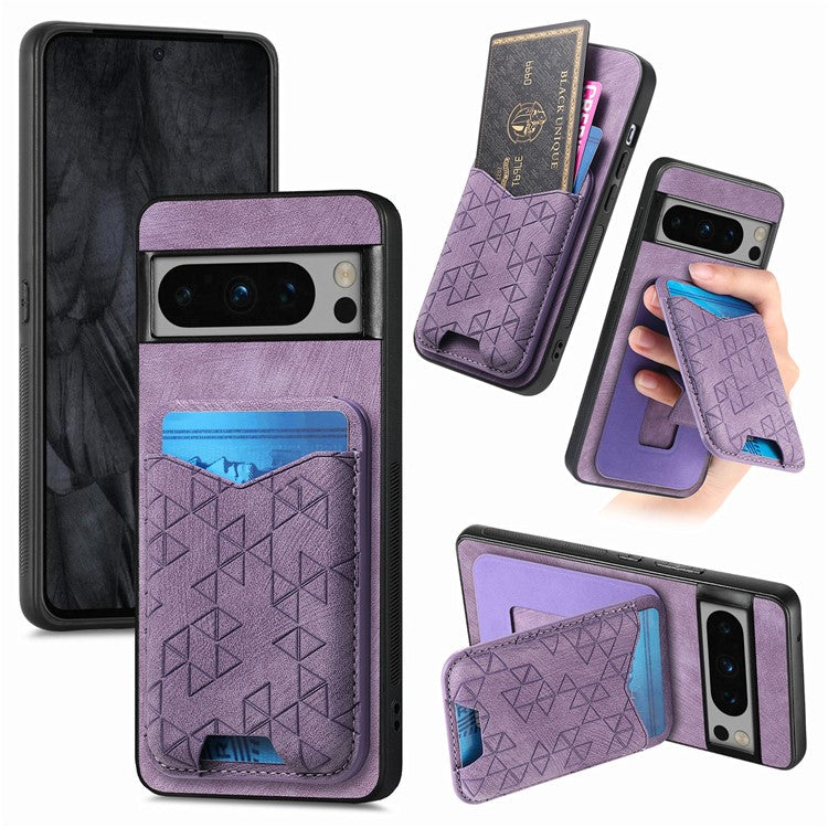 For Google Pixel 8 Pro Case Imprinted Pattern Card Holder Kickstand Leather Back Cover - Purple