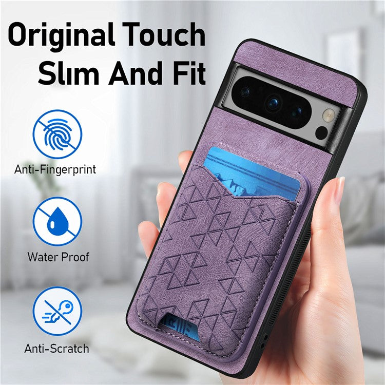 For Google Pixel 8 Pro Case Imprinted Pattern Card Holder Kickstand Leather Back Cover - Purple
