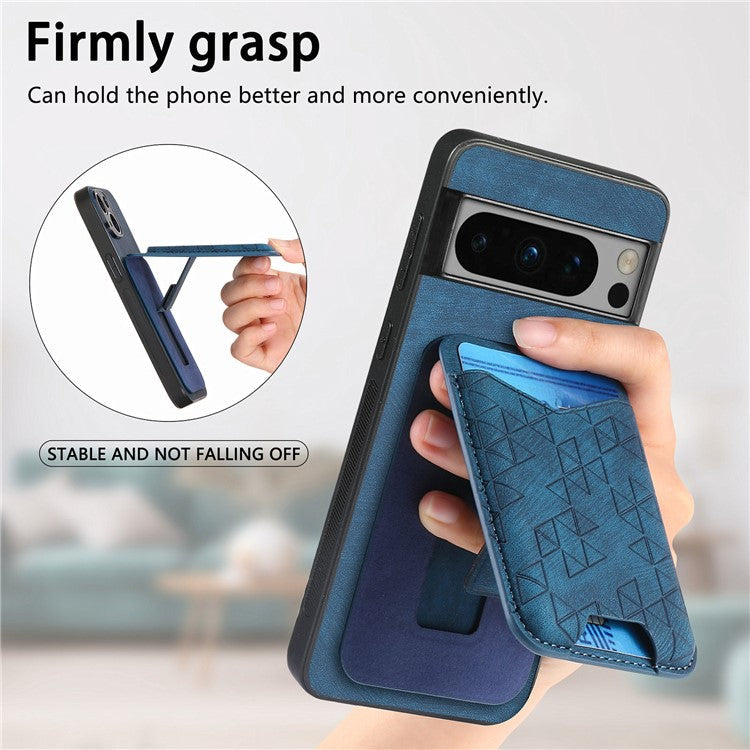 For Google Pixel 8 Pro Case Imprinted Pattern Card Holder Kickstand Leather Back Cover - Blue