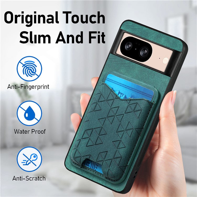 For Google Pixel 8 Case Imprinted Pattern Card Holder Kickstand Leather Back Cover - Green