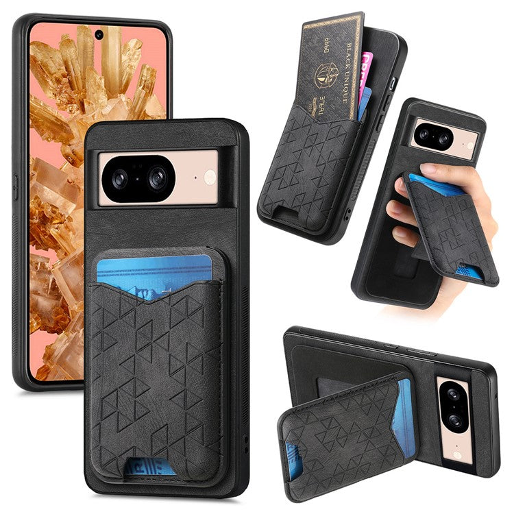 For Google Pixel 8 Case Imprinted Pattern Card Holder Kickstand Leather Back Cover - Black