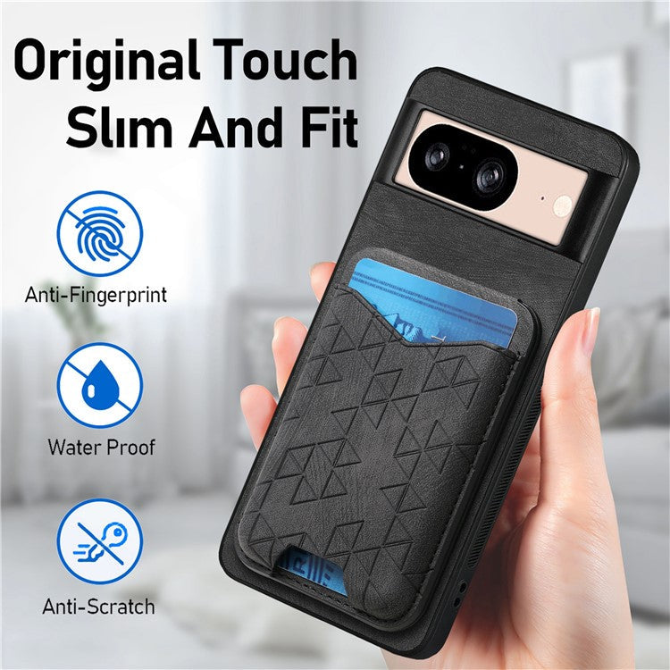 For Google Pixel 8 Case Imprinted Pattern Card Holder Kickstand Leather Back Cover - Black