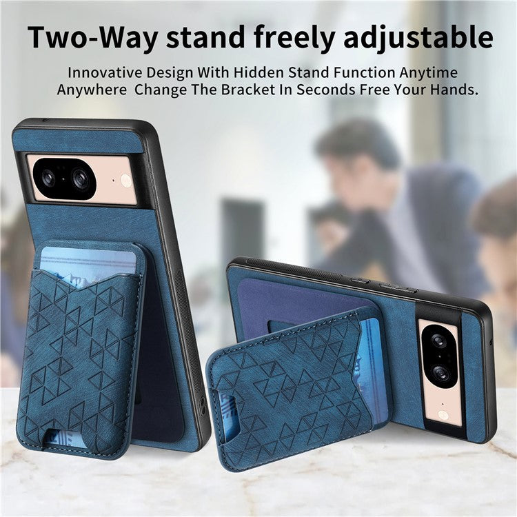 For Google Pixel 8 Case Imprinted Pattern Card Holder Kickstand Leather Back Cover - Blue