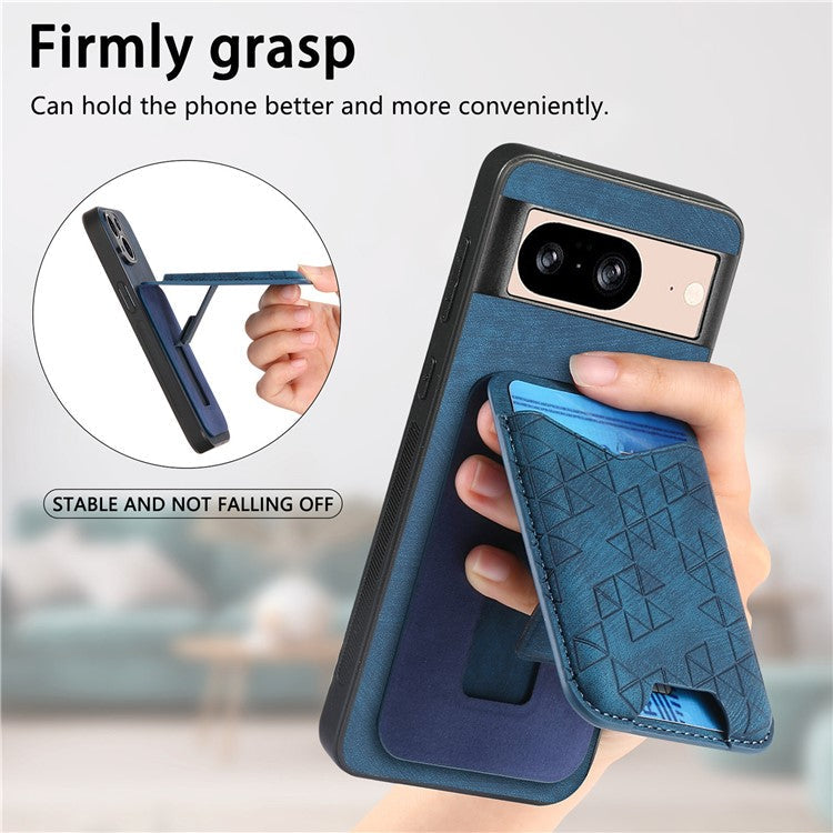 For Google Pixel 8 Case Imprinted Pattern Card Holder Kickstand Leather Back Cover - Blue