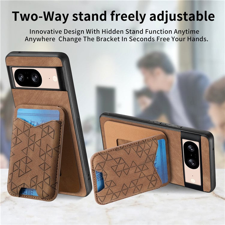 For Google Pixel 8 Case Imprinted Pattern Card Holder Kickstand Leather Back Cover - Brown