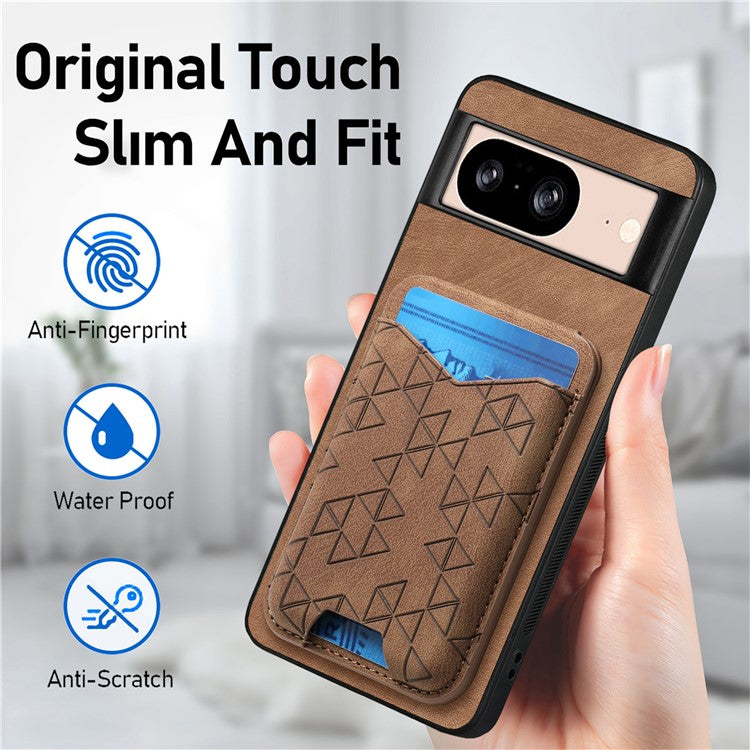 For Google Pixel 8 Case Imprinted Pattern Card Holder Kickstand Leather Back Cover - Brown