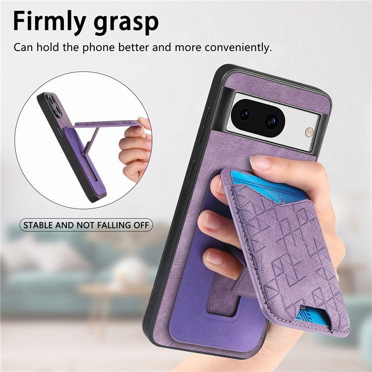 For Google Pixel 8a Case Imprinted Pattern Card Holder Kickstand Leather Back Cover - Purple
