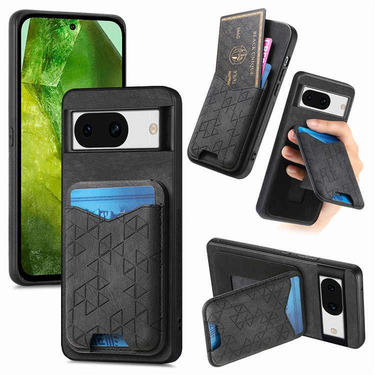 For Google Pixel 8a Case Imprinted Pattern Card Holder Kickstand Leather Back Cover - Black