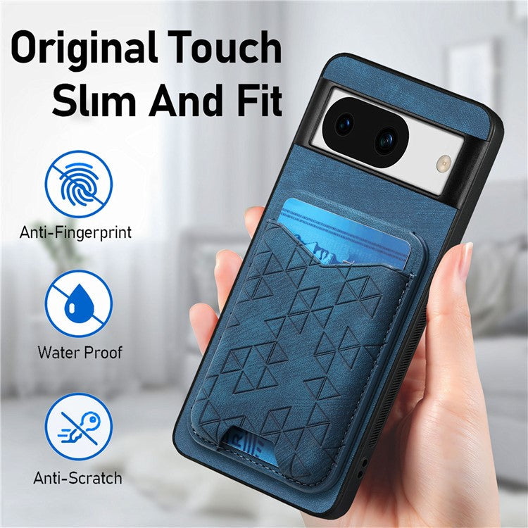 For Google Pixel 8a Case Imprinted Pattern Card Holder Kickstand Leather Back Cover - Blue