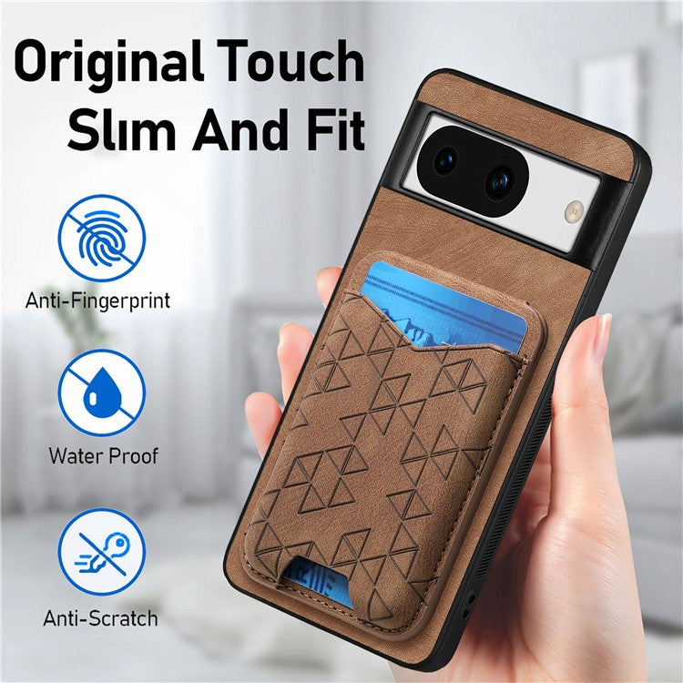 For Google Pixel 8a Case Imprinted Pattern Card Holder Kickstand Leather Back Cover - Brown