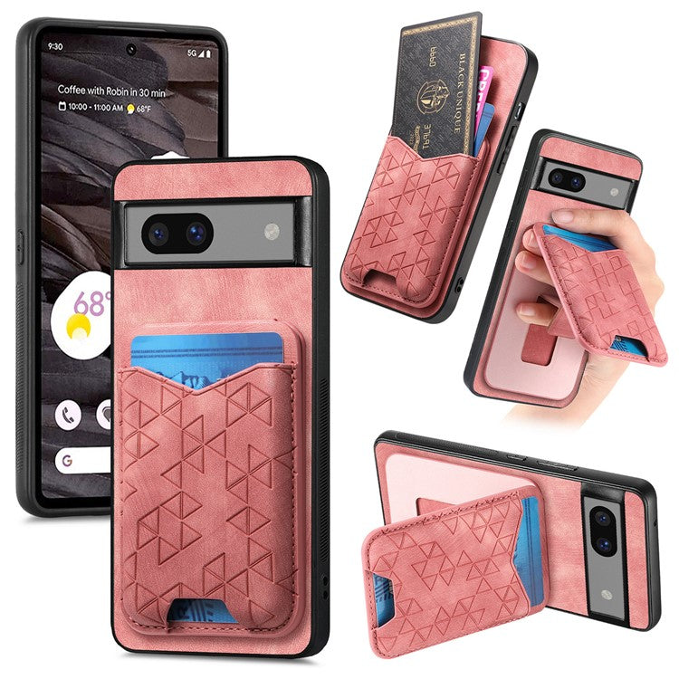 For Google Pixel 7a Case Imprinted Pattern Card Holder Kickstand Leather Back Cover - Pink
