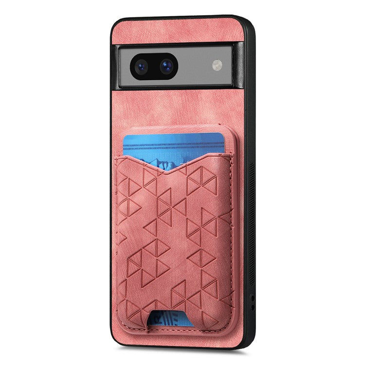 For Google Pixel 7a Case Imprinted Pattern Card Holder Kickstand Leather Back Cover - Pink