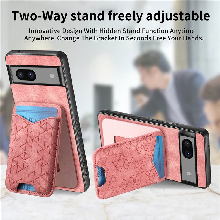 For Google Pixel 7a Case Imprinted Pattern Card Holder Kickstand Leather Back Cover - Pink
