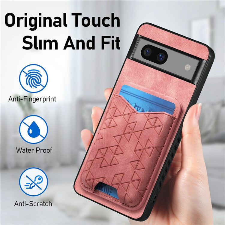For Google Pixel 7a Case Imprinted Pattern Card Holder Kickstand Leather Back Cover - Pink